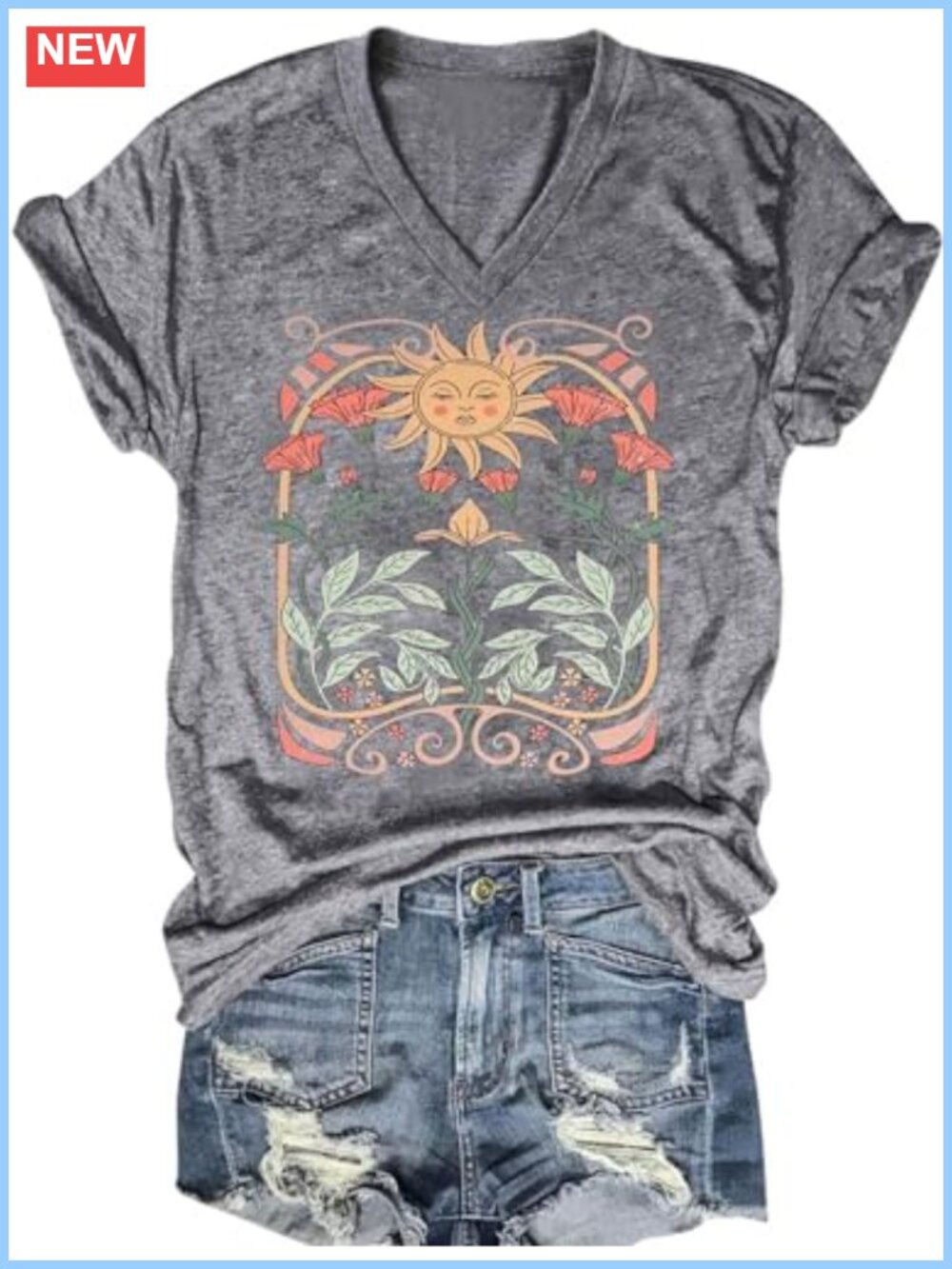 Women's V-Neck Boho Floral Graphic Tee Short Sleeve Summer T-Shirt